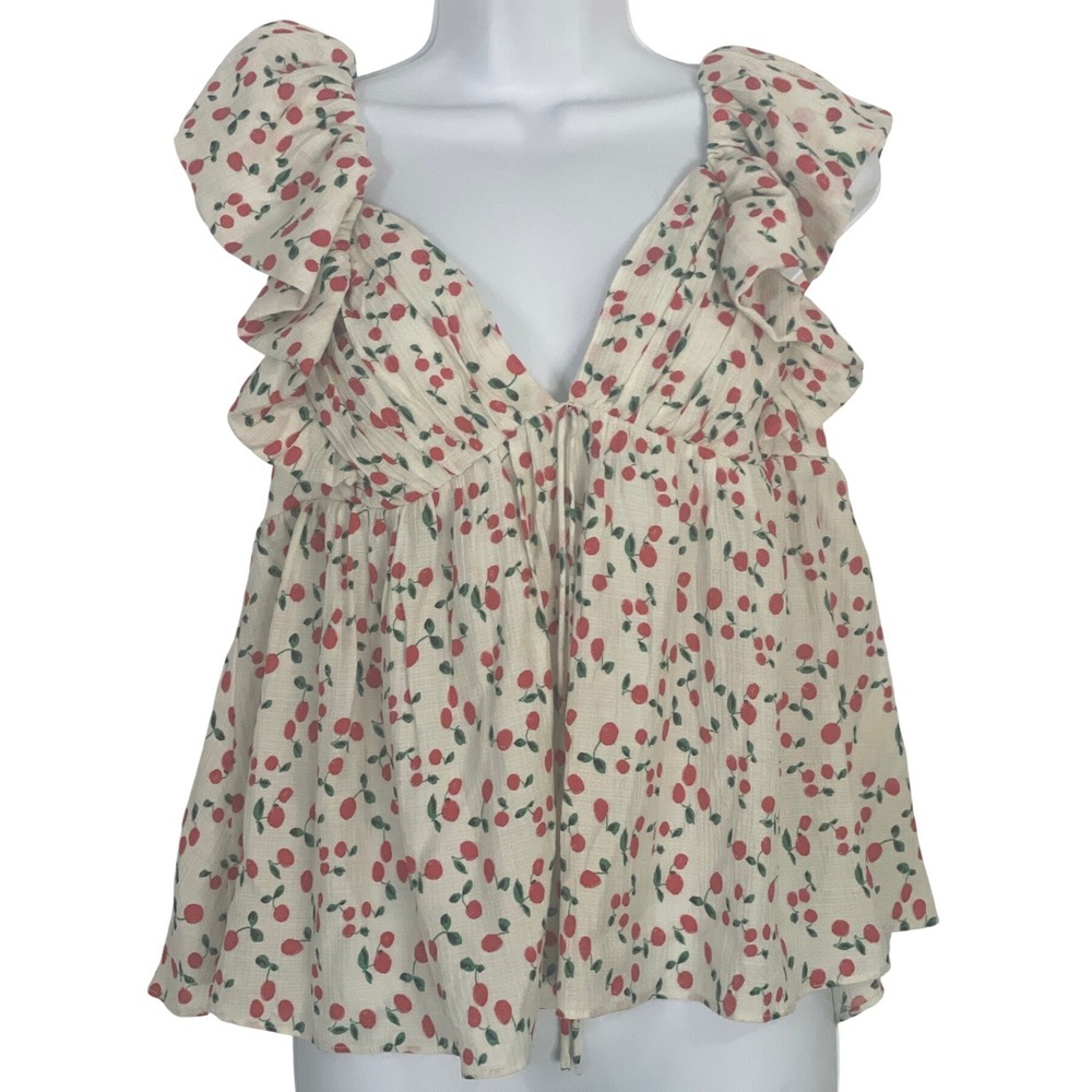 Storia Womens Ruffle Sleeve Cherry Print Top L Babydoll Coquette Cottagecore